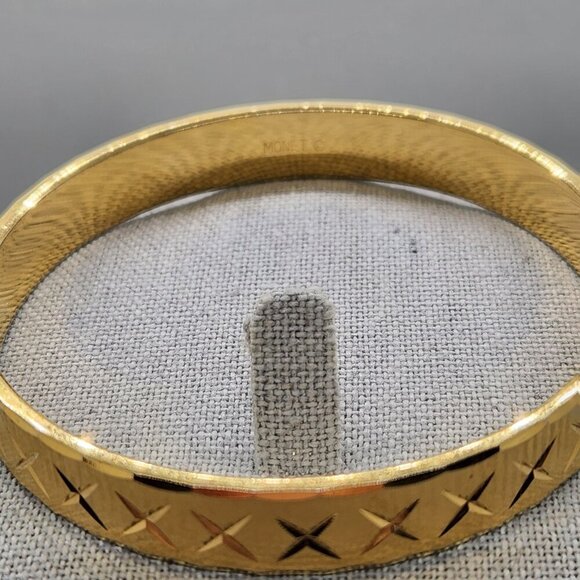 Vintage Monet Bangle Bracelet Brushed Gold Tone Textured Etched Signed 8.5” - Picture 2 of 4